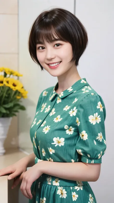 215 Short Hair, 20-year-old woman, A kind smile, Floral