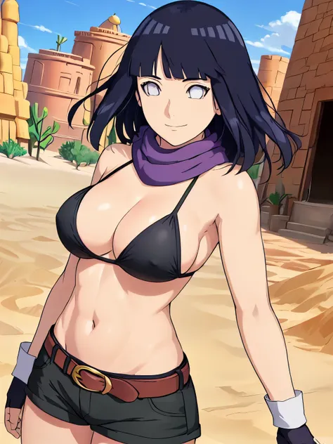 (hinata(boruto), (high quality, anime, heroine, gorgeous smile, slim body), ((black cotton bikini top)), ((fingerless gloves, black shorts with belt, black scarf)), (looking at the camera, curvy body, (very slim belly), extremely slim waist, off-shoulders,...