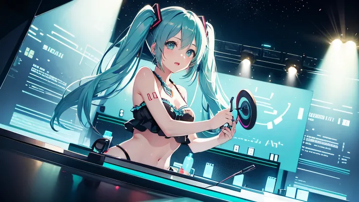 Hatsune Miku in a bikini DJing、Night view stage、４K