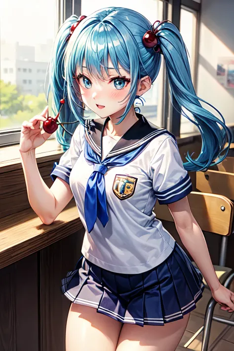 character_Nijimi Anazawa, anime_style, two_ponytails_with_elastic_bands_in_the_shape_of_cherries_red, pale_blue_hair, cute_school_uniform, blue_eyes, blue eyelashes, square_bangs, thick_bangs, long_doublo_ponytails, two_cherries_on the hair, blue_hair, twi...