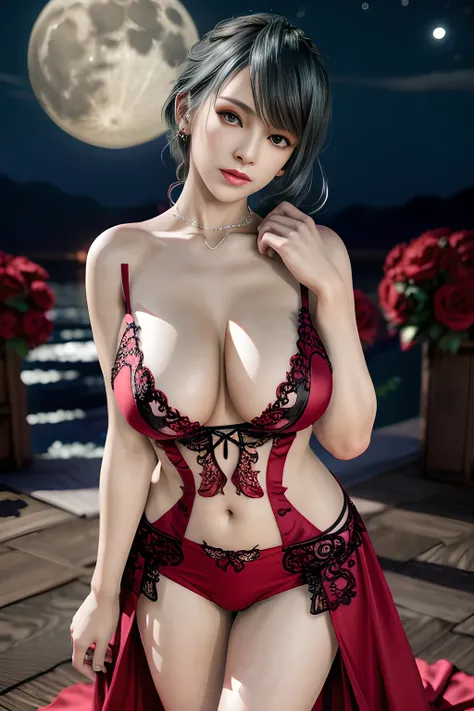 1 girl,lean over WINK, (dark red Wedding Dress,see-through), nighttime,moon,( huge breasts:1.1),cleavage,shiny skin,lip gloss,tattoos, masterpiece, best quality, realistic ,Surrealism,Rich artistic colors,natural colors art in 8k,3D,Portrait art,solo, tama...