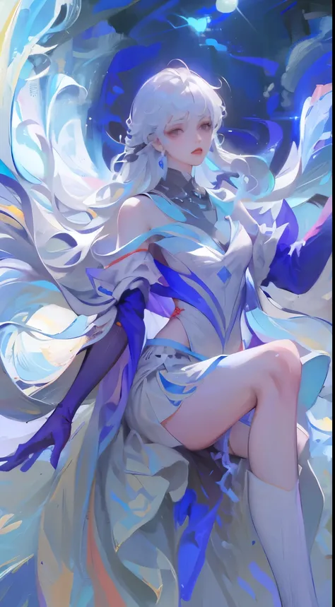 ((best quality)), ((masterpiece)), ((1 Girl)), Solitary, ferry, ((Long hair)), ferryBase, ((High Leg Raise)), Bare shoulders, ((jewelry)), ((sleeveless)), White Dress, Blue skirt, ((Gloves)), Thigh high, From the back.
