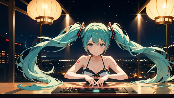 Hatsune Miku in a bikini DJing、Night view stage、４K