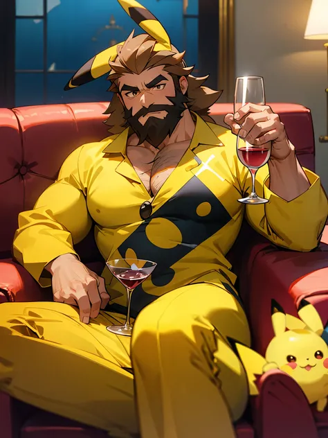 A hairy man wearing a Pikachu costume and holding a wine glass while relaxing on a sofa