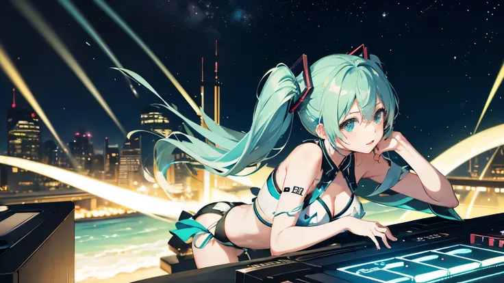 Hatsune Miku in a bikini DJing、Night view stage、４K