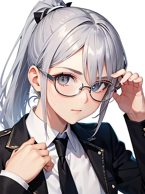 Silver Hair，ponytail，He is holding up his glasses with his left hand，that&#39;It&#39;s too bright so I close my left eye，Sandy Beach，Shorts，Roll up your shirt sleeves