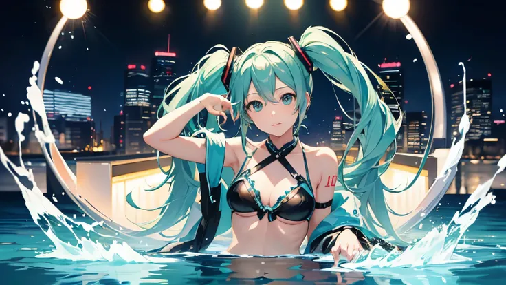 Hatsune Miku in a bikini DJing、Night view stage、４K