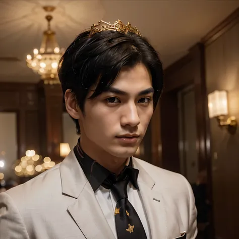 A 24, white skin asian-and-western man, sharp jawline, narrows grey eyes with black hair that is short and in undercut haircut, wearing a black suit with a small emblem of a lion with a crown surrounded by three dragons coated in gold at the necktie, serio...