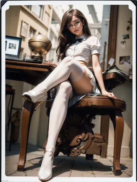 ((Detailed eyes)), mary jane shoes, full body, sit on desktop, white stockings, glasses, cute body, cute face, alice in wonderland, happy, brunette, photorealistic polaroid