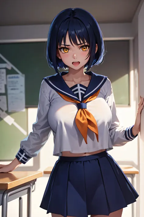 Anime Women、solo、Game CG style、masterpiece、highest quality、High resolution、Woman with short dark blue hair、Yellow Eyes、Bobcut、scarface、Big Breasts、A woman with very large breasts、Tall Woman、clavicle、、High school girls、Sailor suit、White shirt、Navy blue sail...