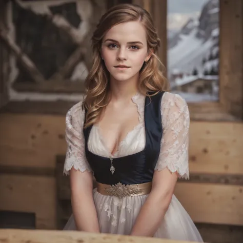 Beautiful woman in drindl dress, gorgeous lady, portrait emma watson, girl of the alps, cute woman, gorgeous woman, stunning woman, instagram model, gorgeous female, style of julia razumova, blonde hair, long blonde hair, large breats, cleavage, 