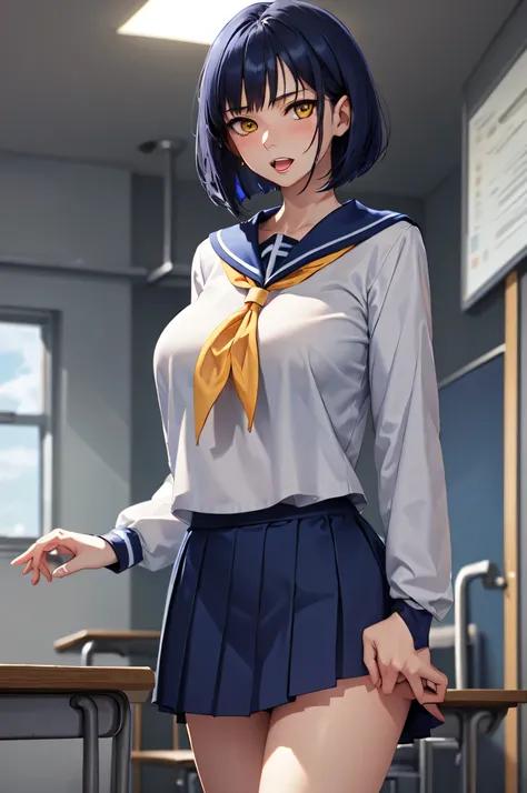 Anime Women、solo、Game CG style、masterpiece、highest quality、High resolution、Woman with short dark blue hair、Yellow Eyes、Bobcut、scarface、Big Breasts、A woman with very large breasts、Tall Woman、clavicle、、High school girls、Sailor suit、White shirt、Navy blue sail...