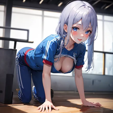 (masterpiece, best quality), 1girl, close-up face, (from front:1.2), (on all fours on the floor:1.2), (looking down:1.2), break girl, casual,Gym suit、Wearing a jersey、school gym、 (bra:1.2), breast gap, medium breasts, hanging breasts, downblouse,Nipples ar...