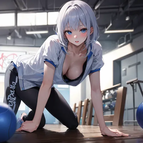 (masterpiece, best quality), 1girl, close-up face, (from front:1.2), (on all fours on the floor:1.2), (looking down:1.2), break girl, casual,Gym suit、Wearing a jersey、school gym、 (bra:1.2), breast gap, medium breasts, hanging breasts, downblouse,Nipples ar...