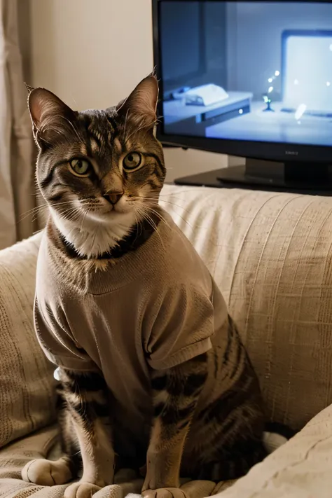 an adult cat (cat) sewing a dress on a sewing machine, with its back turned, while watching a movie about aliens on an old TV. high definition. 8k.