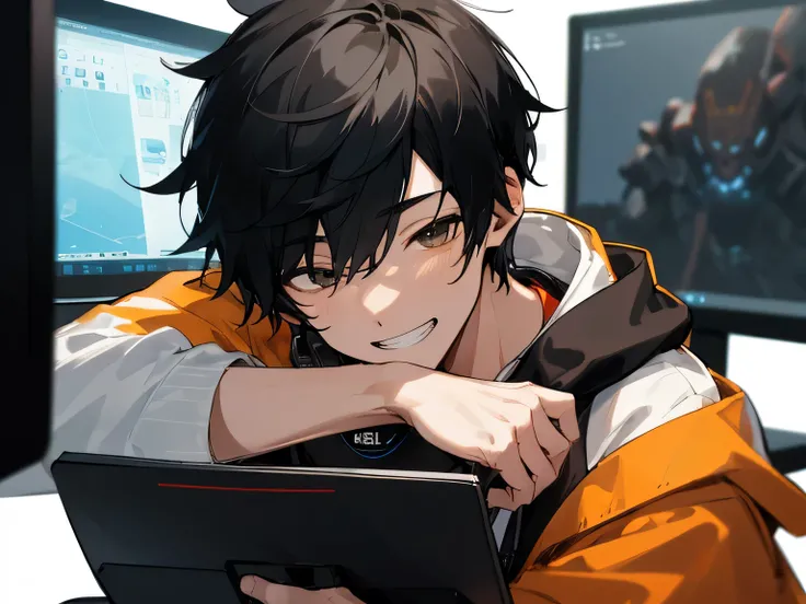 highest quality: 1.0), masterpiece, Age 25,male,Upper Body, Sleep insufficient,insufficient,(Face close-up)P,one person,Grin, Mashed black hair、hoodie,Headphones on neck,,sit in front of the computer and play games, E-sports room background,Gamers Room,