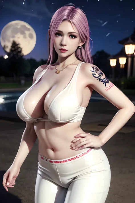 1 girl,lean over WINK,wearing Red underwear, suit, white trousers, outdoor,elegant,nighttime,moonlighe,shiny skin,( huge breasts:1.1), lip gloss,tattoos, masterpiece, best quality, realistic ,Surrealism,natural colors art in 8k,soft shadows,Portrait art,so...