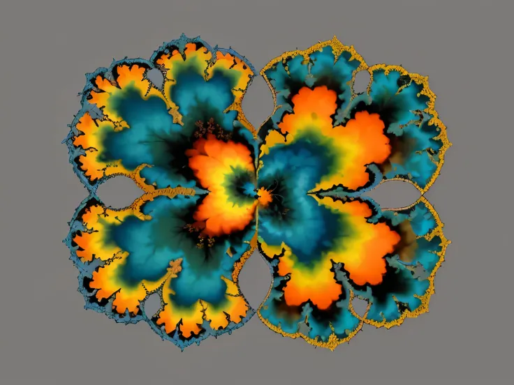 there is a computer generated image of a flower with orange and blue petals, Mandelbrot flowers and trees, Mandelbrot set, Mandelbrot fractals, pluma feita de fractais, Mandelbrot fractal, mandelblub fractal, fine Mandelbrot fractal lace, Mandelbrot patter...