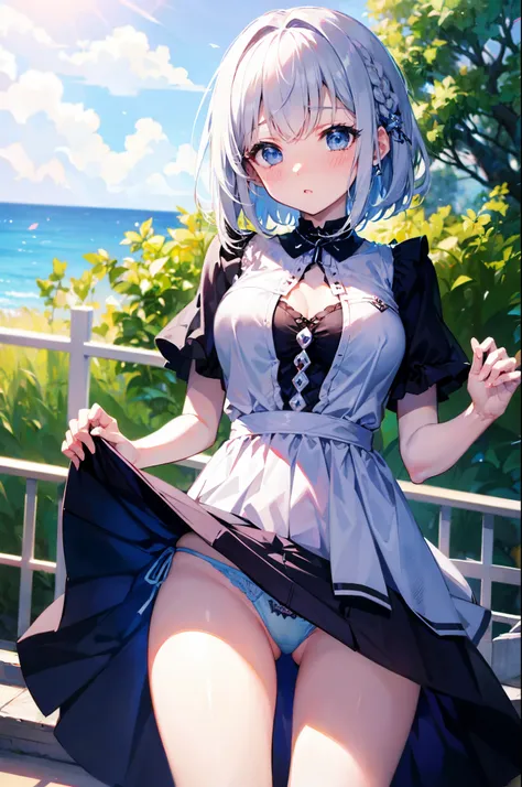 skirt lift、skirt lift、show off panties、Silver hair, very short hair, slanted eyes, medium breasts（C Cup)-Pale blue eyes、８K, highest quality, masterpiece, Ultra-detailed、full lips、、、Blushing、lipstick、Perfect hands、Detailed hand、、full lips、Pale blue eyes、、pe...