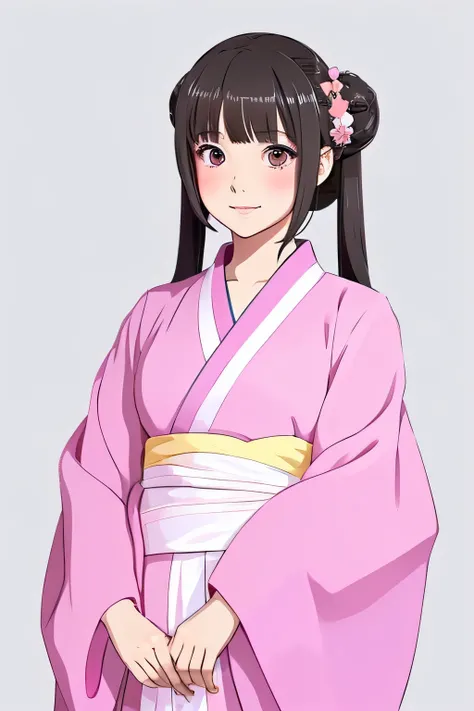 A young and cute girl in a pink kimono looking towards you in an anime style drawing