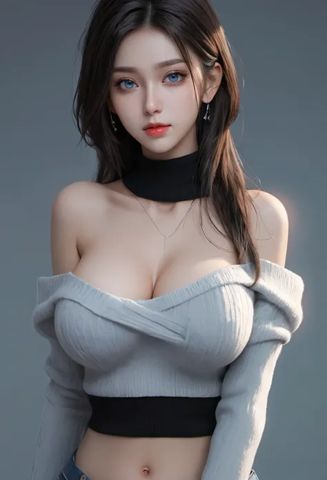 ultra high res, masterpiece, best quality, perfect glossy shiny skins, perfect lighting, detailed lighting, dramatic shadows, ray tracing, black sweater, looking at viewer, off shoulder, Big breasts, Exposed cleavage, blue Eyes, nsfw, ((Dark background)), ...