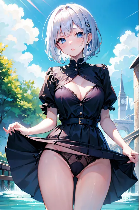 skirt lift、skirt lift、show off panties、Silver hair, very short hair, slanted eyes, medium breasts（C Cup)-Pale blue eyes、８K, highest quality, masterpiece, Ultra-detailed、full lips、、、Blushing、lipstick、Perfect hands、Detailed hand、、full lips、Pale blue eyes、、pe...