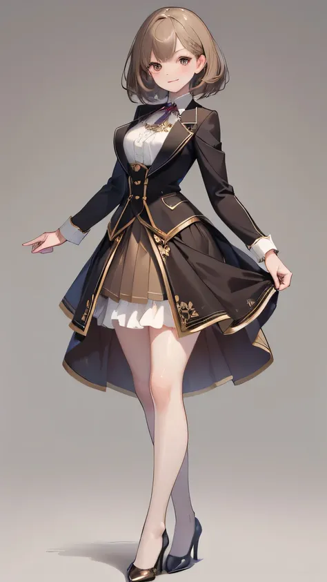 highest quality, masterpiece, Detailed skin texture, Fine cloth texture, Detailed face, Super detailed, Thin legs, 8K, anime, woman, light brown hair, brown eyes, white background, no background, standing, fullbody, smile, Detailed Eyes, whole body, Medium...