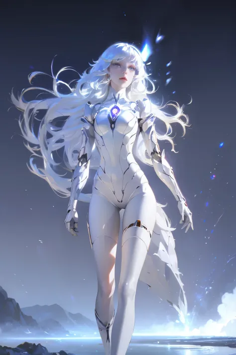 ((girl, mecha)), glowing eyes, delicate face, damaged armor, mechanical aura, mechanical arm, white hair, long hair, ceramic bod...