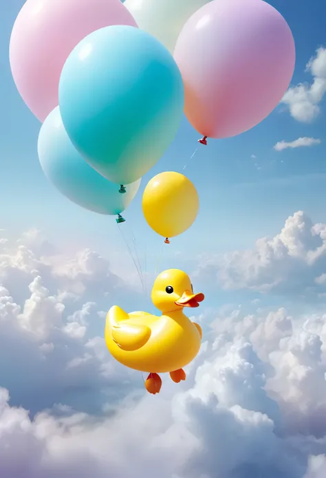 Balloon Duck，Floating in a sea of clouds，(best quality,4k,8k,highres,masterpiece:1.2),ultra-detailed,(realistic,photorealistic,photo-realistic:1.37),floating,floating art,conceptual art,suspended,lightweight,dreamy,beautiful,serene,illustration,ethereal,ge...