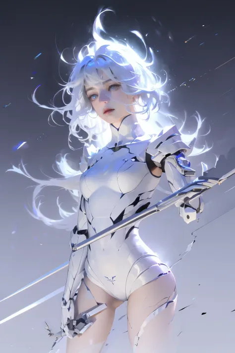 ((girl, Mecha)), Glowing eyes, Delicate face, Damaged Armor, Mechanical aura, Mechanical arm, White hair, Long hair, Ceramic body, Thigh clearance, Network Background, Very nice city, (translucent, Reflective Skin), 8k, best quality, Super detailed, (Surre...