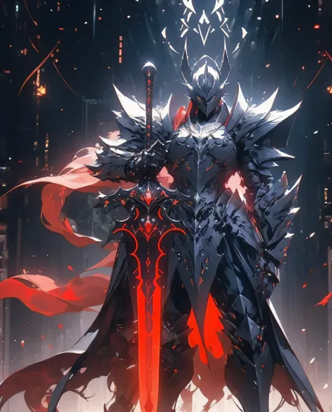 arafed knight standing in a dark room with a sword, burnt armor, black fire color reflected armor, steampunk bioarmor, redwood forest themed armor, demonic dragon inspired armor, corrupted armor, gothic armor, black and reddish color armor, cyberpunk flame...