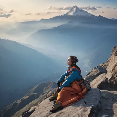 Sure, heres a description of the scene featuring a stunning girl sitting on the rock in mountaineering attire at the summit of a mountain, gazing into the distance