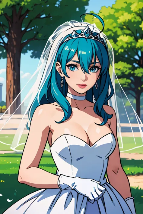 1girl, solo,Eirika fe, crown,earrings ,lipstick, eye shadow, makeup, hair between eyes, ahoge, hair ornament, gloves, dress, cleavage, bare shoulders, collarbone, white oprea gloves, white gloves, white dress, strapless, white choker, tiara, veil, straples...