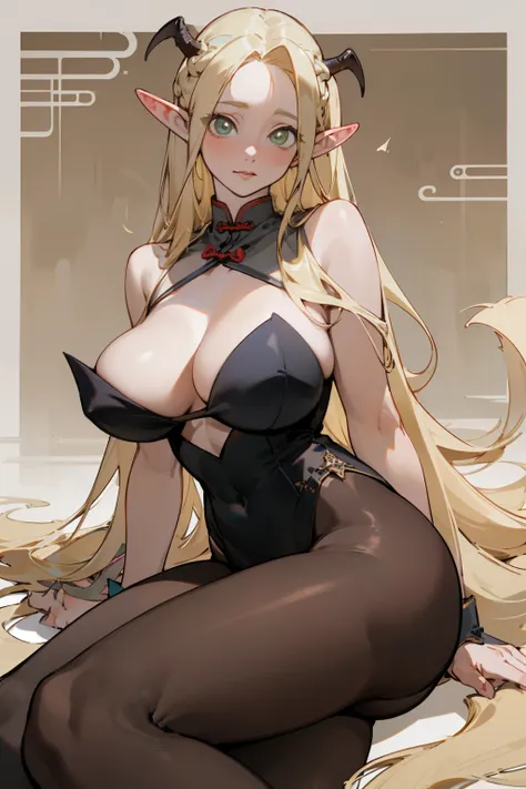 (masterpiece, best quality) detailed, Wearing black tights, silver accessories , Blonde ,elegant, Pointed ears ，Chinese element pattern，thigh，漏出thigh，Succubus，Large Breasts