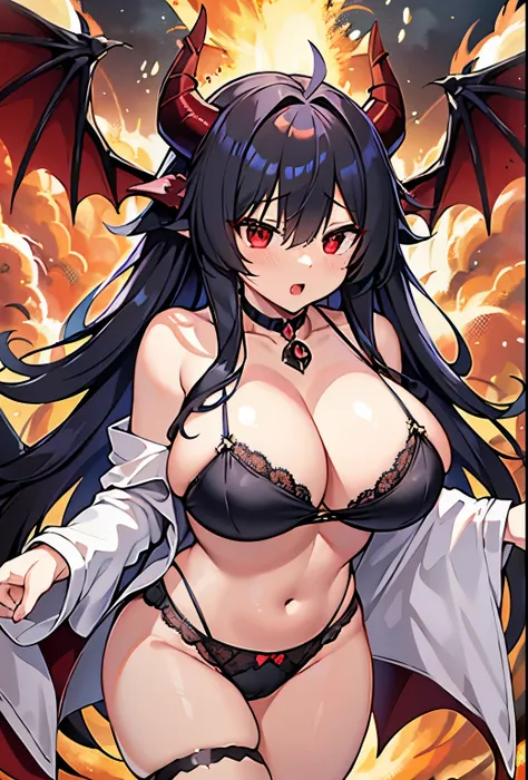 masterpiece, best quality, extremely detailed, anime, Devil woman, devil wings, devil horns, black long hair,big breasts, exploding clothes, mysterious expression, simple underwear,