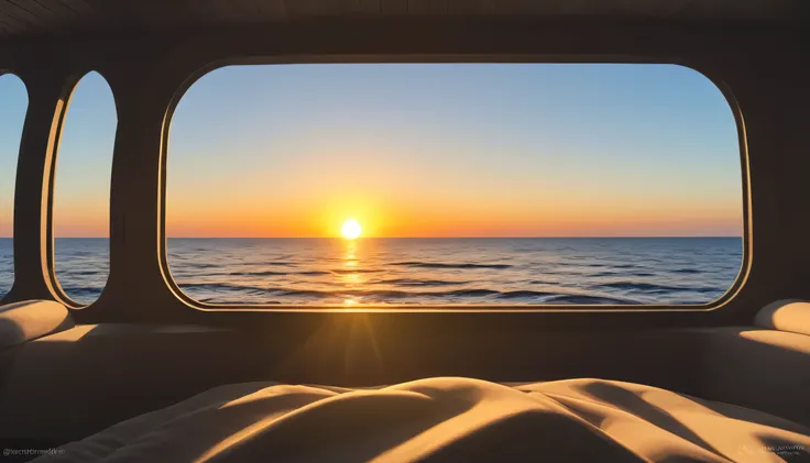 detailed maritime sunrise over the curve of the earth, pov perspective, looking out the ship window, morning, cinematic lighting...