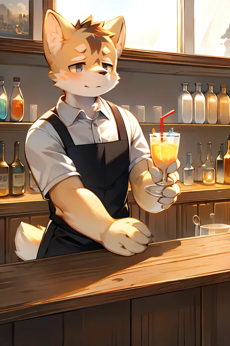 Big watery eyes,Warm island atmosphere,More soft details and shadow corgi waiter:1.1),A large glass of iced lemonade,inside the spanish bar. spanish bar，There is a wooden counter on the left, There&#39;There&#39;s an open door in the back, There is also th...