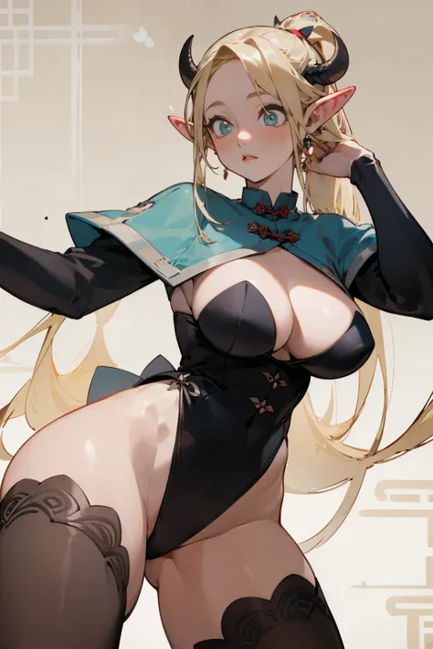 (masterpiece, best quality) detailed, Wearing black tights, silver accessories , Blonde ,elegant, Pointed ears ，Chinese element pattern，thigh，漏出thigh，Succubus，Large Breasts