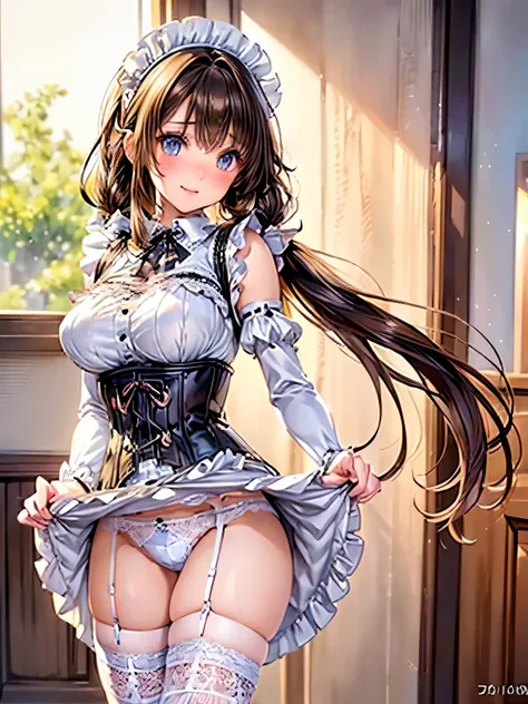 ((highest quality, High resolution, Perfect Pixel, 4K))), 1 female, Beautiful woman、I could see the whole body、apartment、 ((Twin tails, bangs, Brown Hair)), ((Brown eyes, Beautiful eyelashes, Realistic eyes)), ((Detailed face, blush:1.2))、((Smooth texture:...