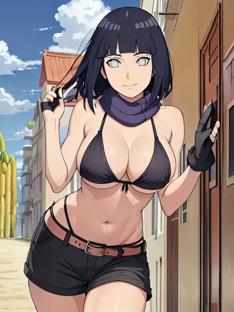 (hinata(boruto), (high quality, anime, heroine, gorgeous smile, slim body, leaning forward), ((black cotton bikini top)), ((fingerless gloves, black shorts with belt, black scarf on shoulders)), (looking at the camera, curvy body, (very slim belly), extrem...