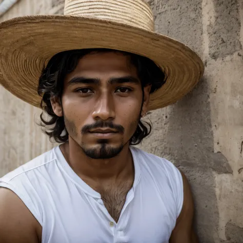 a 28-year-old mexican man with deep brown eyes, frontal view, selfie taken with a high-end camera, wearing a simple white shirt,...