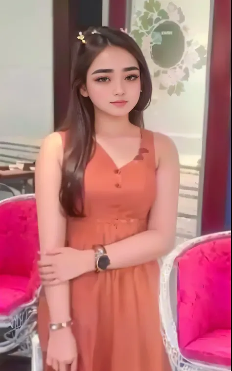 a close up of a woman in a dress standing in front of a chair, kyza saleem, profile pic, she is about 1 6 years old, profile photo, dilraba dilmurat, 🤬 🤮 💕 🎀, 19-year-old girl, very very low quality picture, profile image, very very low quality, cindy avel...