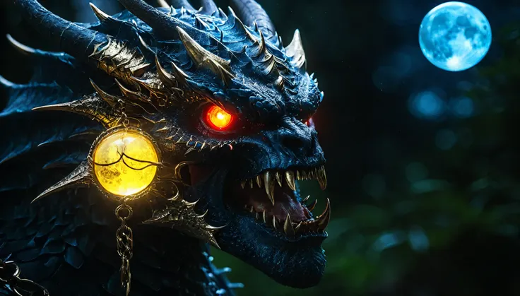 a red skull, dragon portrait, By Rostlan, Benedict Barna, Morel, (((gold jewelry))), (The pupil is composed of a moon-shaped image.:1.8), Miracle, Dark atmosphere, Black Forest, ((Neon glowing)), ((Blue Arc)), Characteristics of dragons, Dragon skull, Jewe...