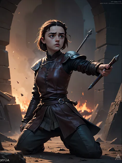 cinematic poster, arte centrada, arte porno, 1 chica, solo, ((solo)), (((solo un personaje))),  arya stark in dynamic pose, a gu...