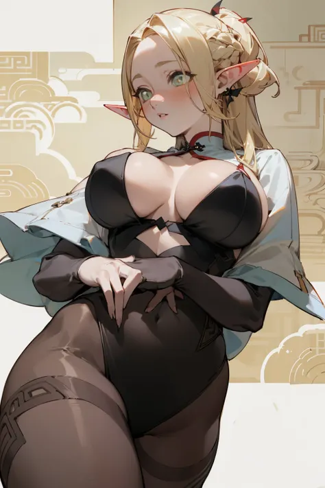 (masterpiece, best quality) detailed, Wearing black tights, silver accessories , Blonde ,elegant, Pointed ears ，Chinese element pattern，thigh，漏出thigh，Succubus，Large Breasts