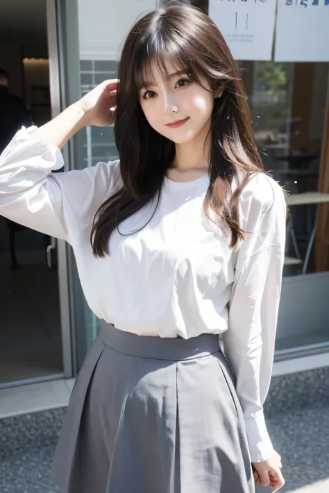 1girl in、AS-Adult、A smile、The shirt、skirt by the、(small tits)、Walking with a thigh、Upper body portrait、