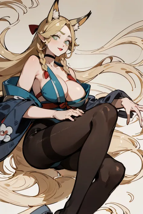 (Fox ears), Exquisite eyes, blond，Facial details,  Red Eyeshadow, red lips,  Fake laugh, Ukiyo-e, masterpiece, high quality, at the lowest limit, Large Breasts，Black pantyhose,solo