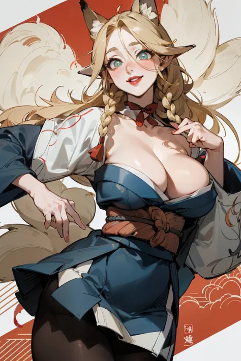 (Fox ears), Exquisite eyes, blond，Facial details, Red Eyeshadow, red lips, Fake laugh, Ukiyo-e, masterpiece, high quality, at the lowest limit, Large Breasts，Black pantyhose,solo