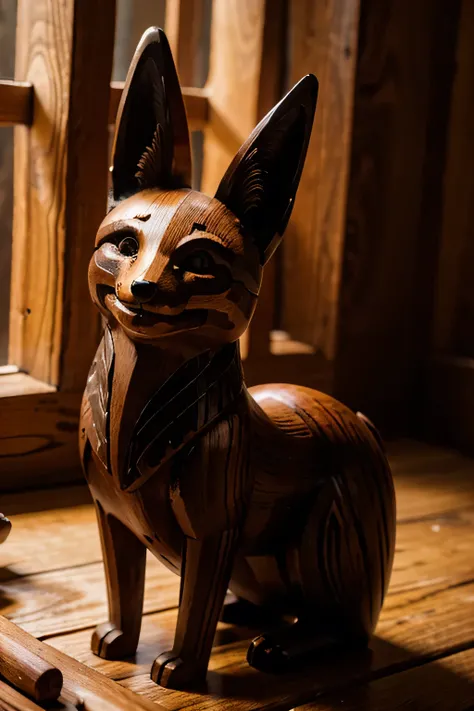 wooden_carving, wooden_toy, cursed, uncanny, spirit_fox, varnished, intricate