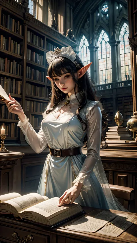 an elf, in translucent maid uniform, dusting books, in an ancient library, ultra detailed, high resolution, 8K, digital art, wide angle shot, volumetric lighting, cinematic, 